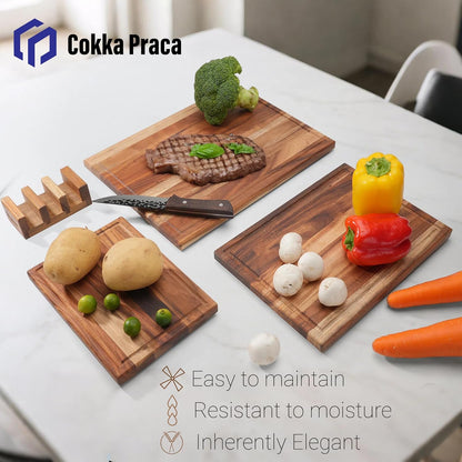 Non Toxic Acacia Wood Cutting Board Set with Stand | 3 Pcs Knife-Friendly Non-Slip Wooden Cutting Boards for Kitchen | 0.7″Thick Butcher Block | Solid Chopping Boards with Juice Groove