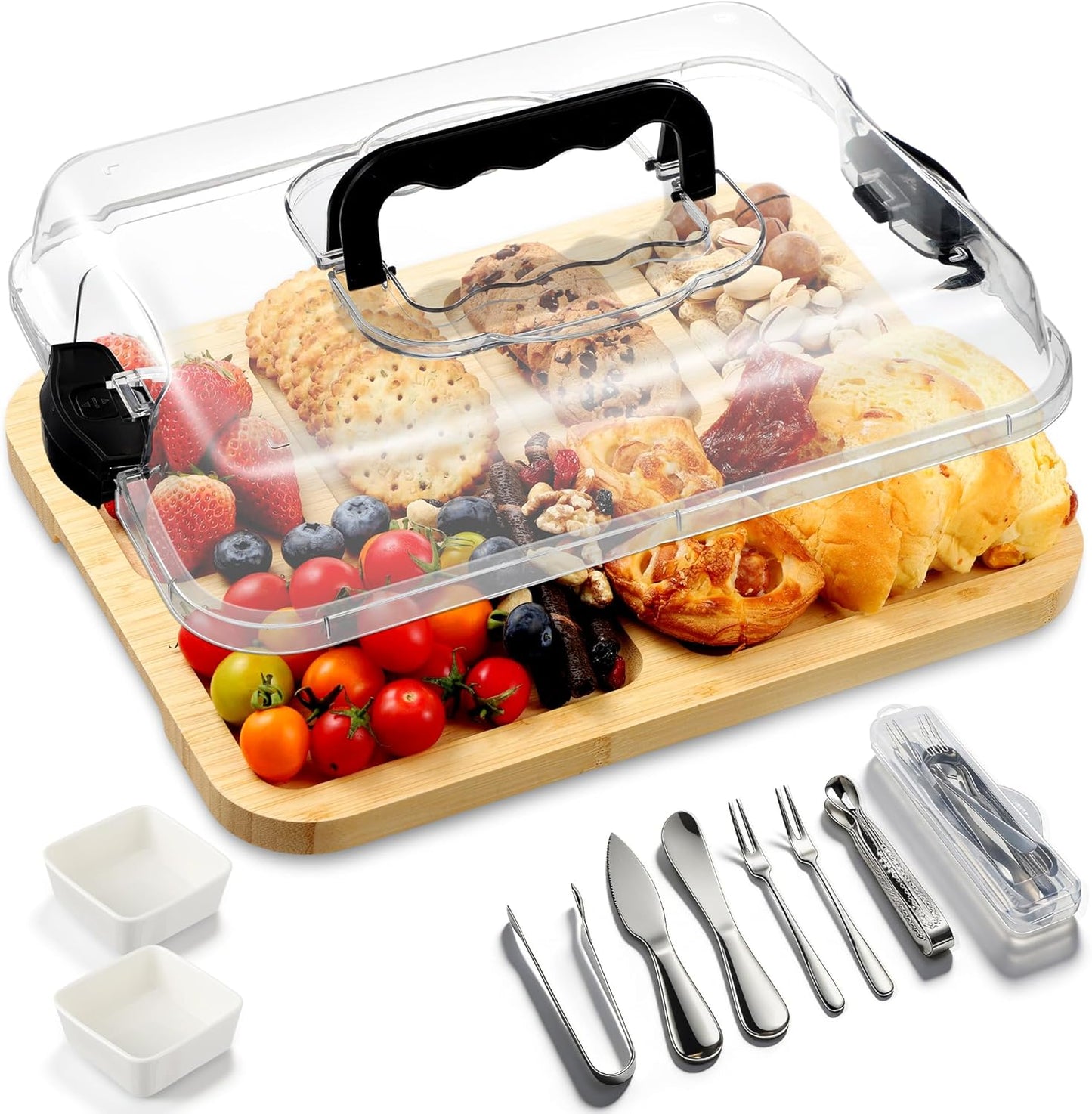 Kochorie 10 Pieces Portable Bamboo Cheese Board Set Charcuterie Board with Lid and Handle, Knife Set Meat Fruit Serving Tray Platter for Travel Picnic Kitchen House Warming Gifts (Round)
