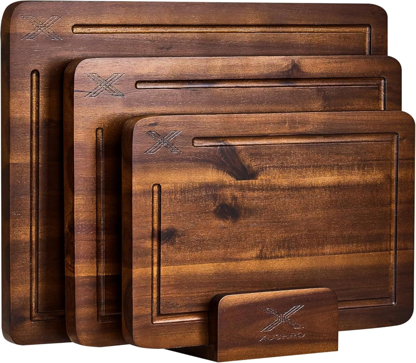 Acacia Wood Cutting Board Set of 3 with Stand - Thick Wooden Chopping Boards with Deep Juice Grooves - Non-Slip & Durable Wooden Boards for Meat & Vegetables (16x12, 14x10, 12x8) - Walnut