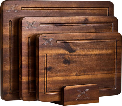 Acacia Wood Cutting Board Set of 3 with Stand - Thick Wooden Chopping Boards with Deep Juice Grooves - Non-Slip & Durable Wooden Boards for Meat & Vegetables (16x12, 14x10, 12x8) - Walnut