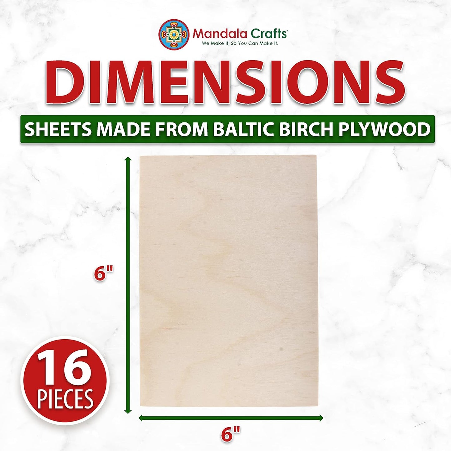 Mandala Crafts Baltic Birch Plywood Board - Thin Wood Sheets for Crafting Model Laser Cutting Engraving 6x6 Inches - 16 Unfinished Wood for Wood Burning Projects
