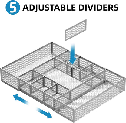 Marbrasse Expandable Desk Drawer Organizer, Mesh Drawer Organizer Tray with 10 Adjustable Compartments, Desk Organizers and Accessories for Office Supplies, Makeup & Vanity (Expandable White-2 pack)