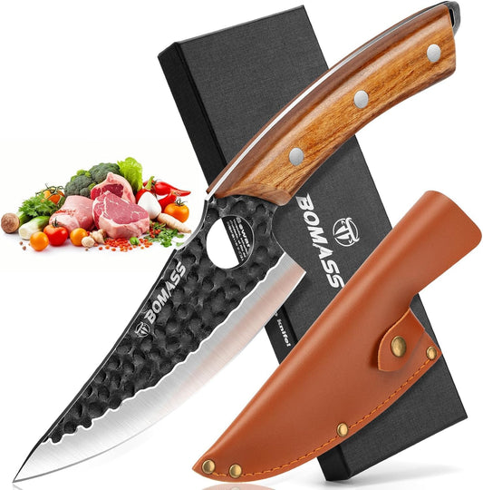 Viking Knives, Hand Forged Butcher Knife for Meat Cutting & Boning, Japanese Style Knive for Kitchen, Outdoor Cooking or Camping BBQ, Full Tang Chef Knife with Sheath for Gift