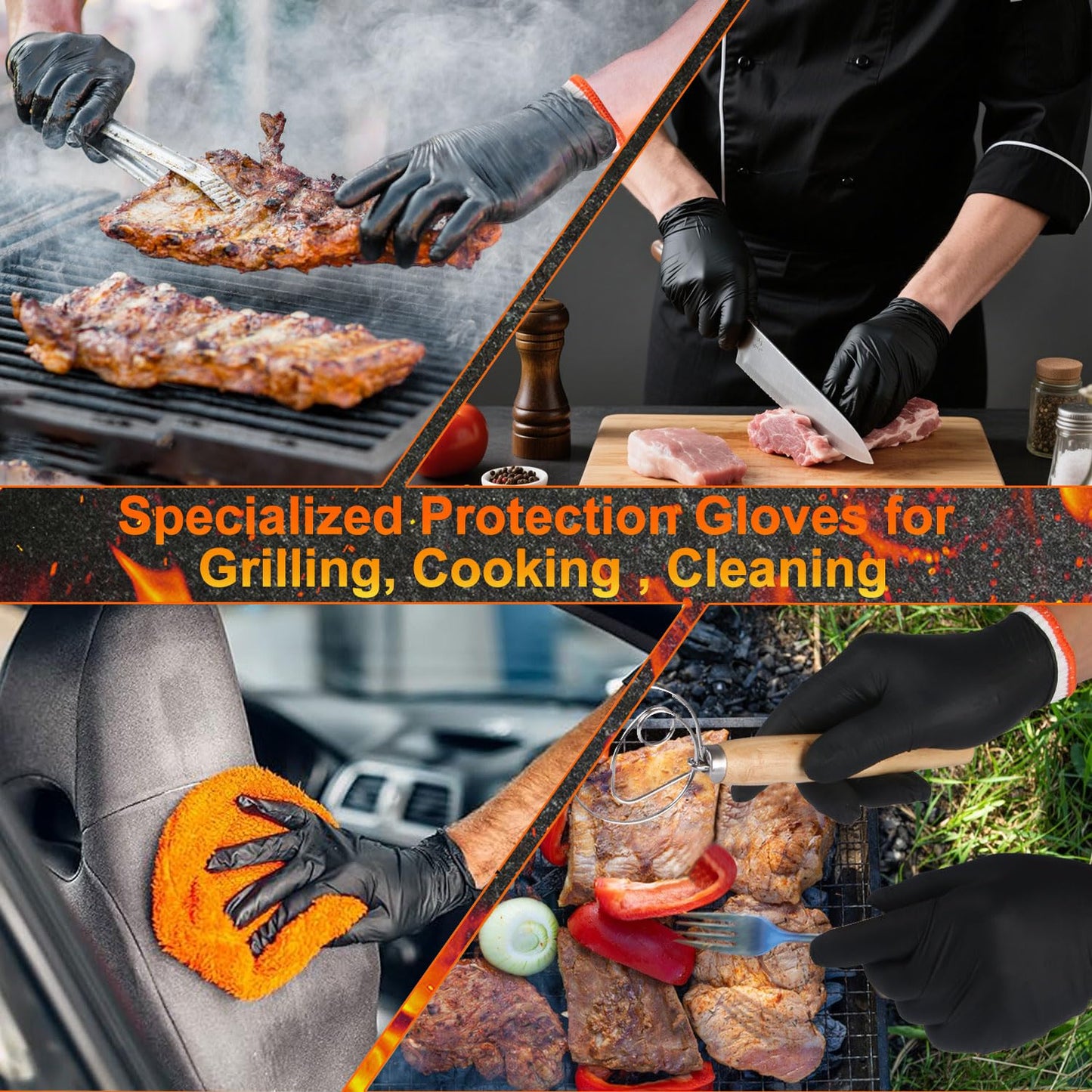 ANBOSON BBQ Gloves Disposable-Heat Resistant Cooking & Grilling Gloves Set (100 Black Nitrile, 4 Cotton Liners)-10Mil Heavy Duty Meat Handling Smoker Accessories for Hot Food Prep,Non-Slip Grip,Large