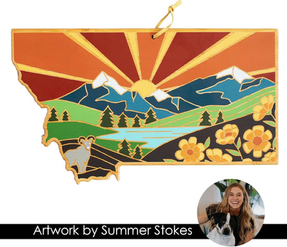 Totally Bamboo North Carolina State Shaped Cutting Board and Charcuterie Serving Platter with Artwork by Summer Stokes, Includes Hang Tie for Wall Display 18" x 8" x 5/8" - Colors A