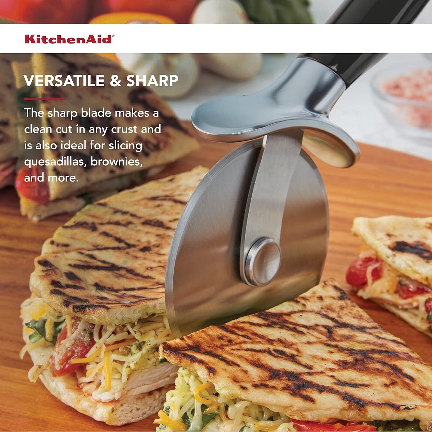KitchenAid Classic Pizza Wheel with Sharp Blade For Cutting Through Crusts, Pies and More, Built In Finger Guard for Safety and Comfort Grip to Protect Fingers, Dishwasher Safe, 9-Inch, Red