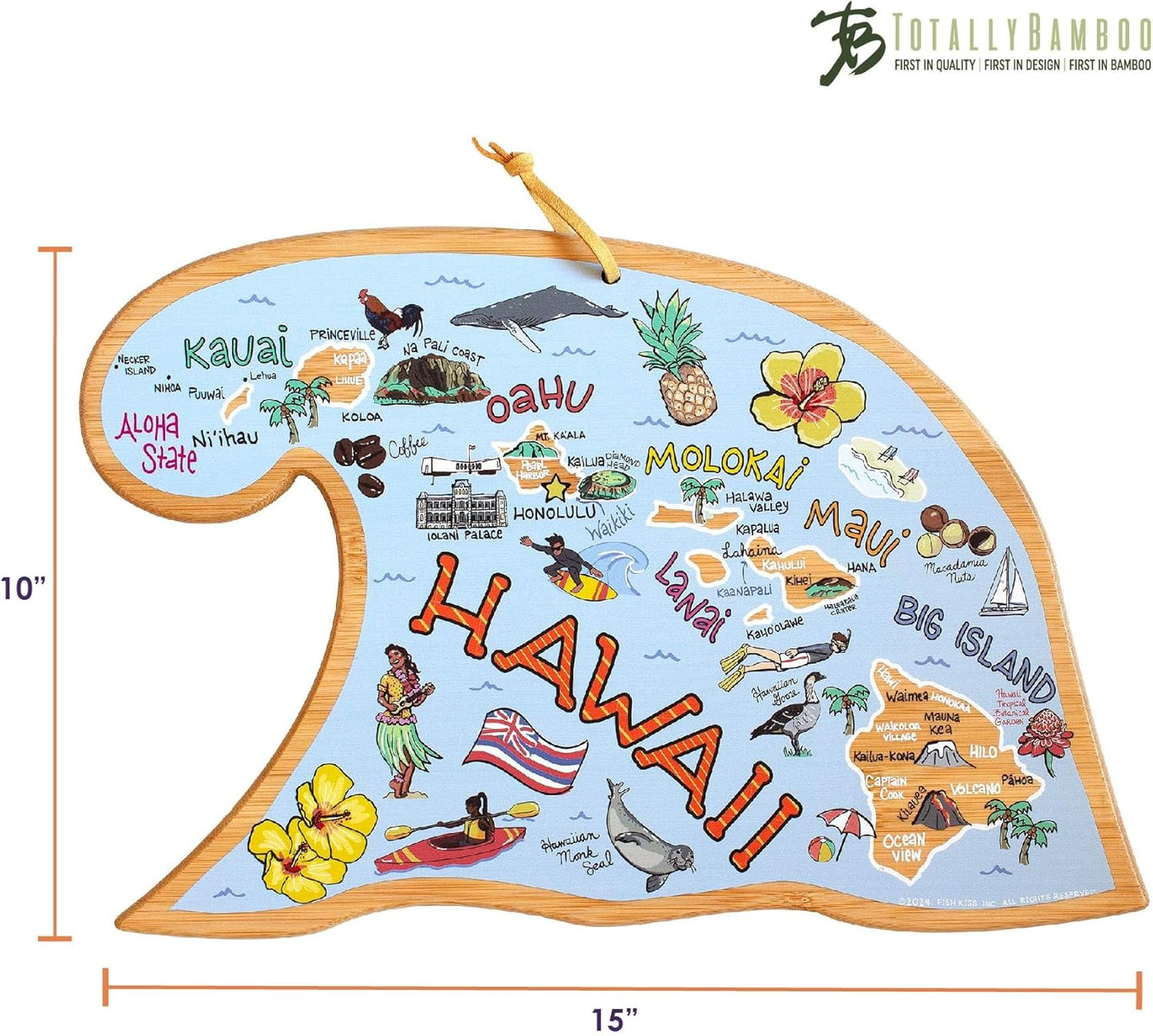 Totally Bamboo Tennessee State Shaped Cutting Board and Charcuterie Serving Platter with Artwork by Fish Kiss, Includes Hang Tie for Wall Display - Colors A