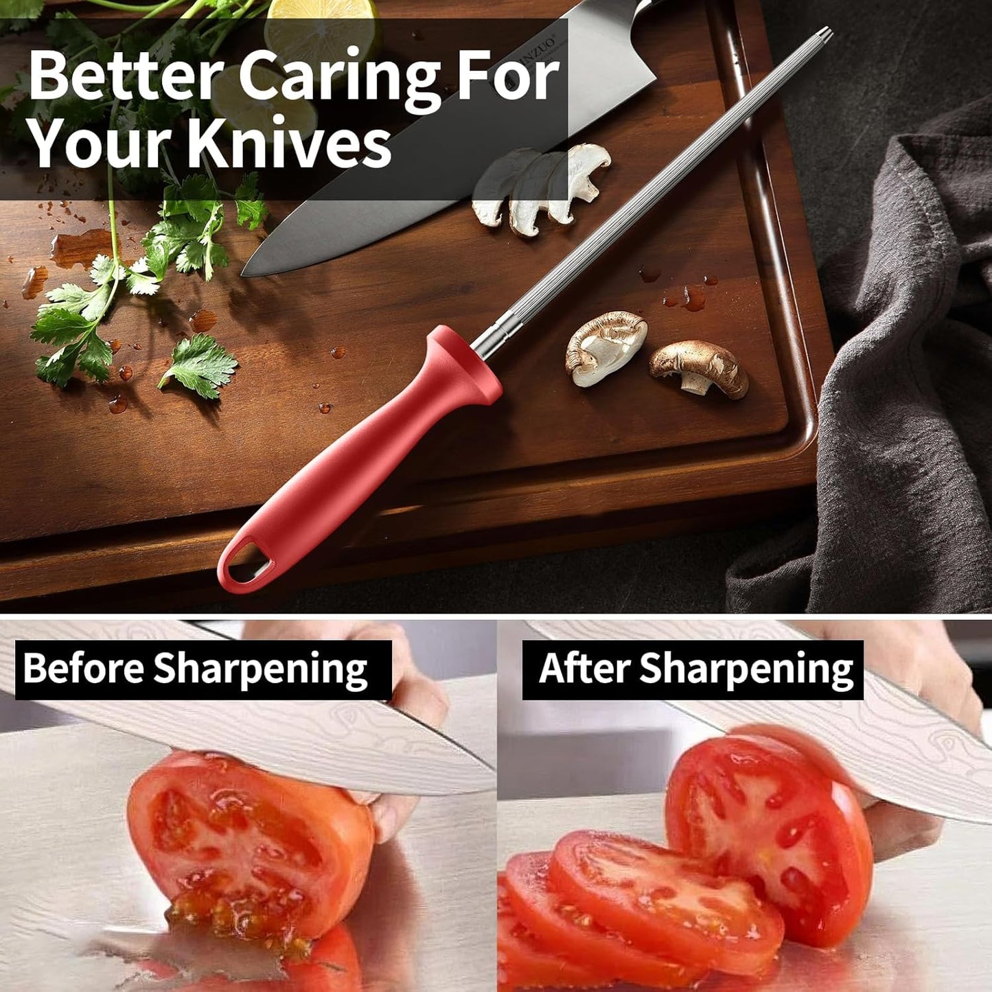 Knife Sharpener Rod, Kitchen Knives Sharpener Carbon Steel Professional Knife Sharpening Steel, Honing Rod with Hanging Holes (13 inches), I