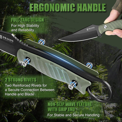Dragon Creek Fixed Blade Knife - Outdoor Survival Knife with Sheath for Camping Hiking Gift Men Black