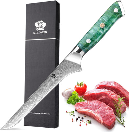 WILDMOK Damascus Boning Knife, 7 inch Super Sharp Fillet Knife, Japanese Damascus Steel, Full Tang Resin Handle, Includes Gift Box