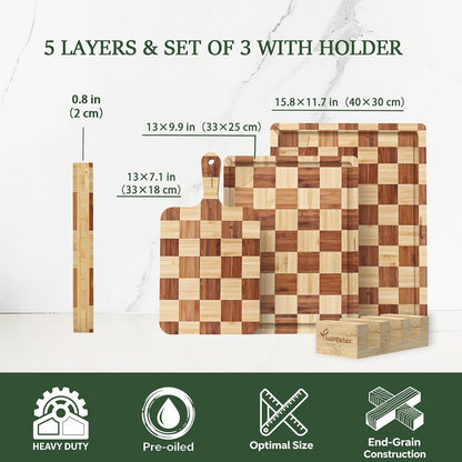 Cutting Board,Heavy Duty Cutting Board Set of 3 with Stand,End Grain Butcher Block Cutting Boards for Kitchen with Juice Grooves and Handles for Meat, Cheese, Charcuterie and Serving