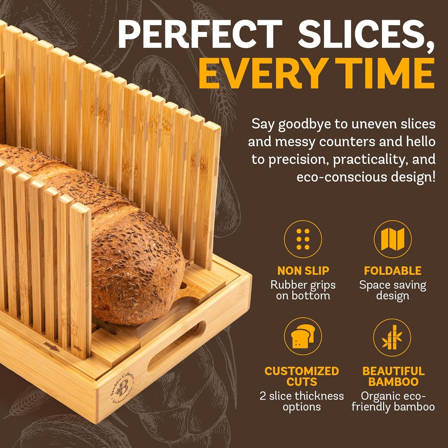 Bread Slicer for Homemade Bread - Adjustable Bamboo Bread Cutter with Knife, Foldable Slicing Guide & Crumb Tray - Bread Loaf Slicer for Sourdough, Cakes, Bagels, Loaves - Kitchen Gadgets Baking Gifts