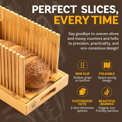 Bread Slicer for Homemade Bread - Adjustable Bamboo Bread Cutter with Knife, Foldable Slicing Guide & Crumb Tray - Bread Loaf Slicer for Sourdough, Cakes, Bagels, Loaves - Kitchen Gadgets Baking Gifts