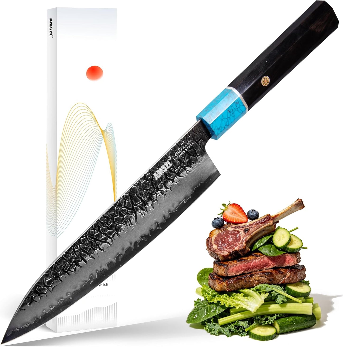 Japanese 8" Forged Chef Knife for Kitchen, Razor Sharp VG10 Steel Core with 5-Layer High Carbon Finish, Hammered Cracked Pattern, Ebony Handle with Turquoise (White)
