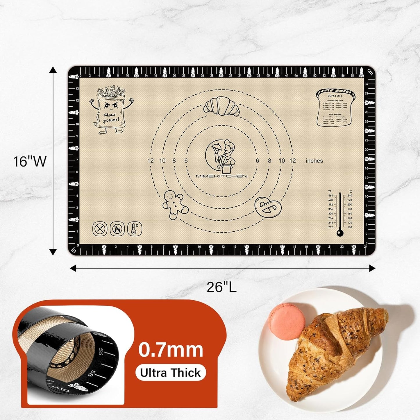 Extra Thick Silicone Baking Mat with Recipes - 26x16 inch Non Stick Pastry Mat with Measurements for Sourdough, Macarons, Bread, Pizza, Dough Rolling, Kneading, Heat Resistant to 480°F Gift for Baker