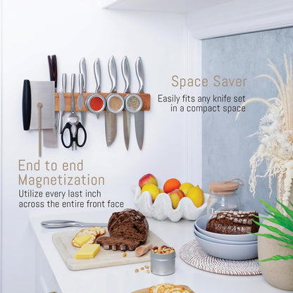 Premium 24 inch Magnetic Knife Holder for Wall with 2x Storage & Charming Wood - Knife Magnetic Strip, Under Cabinet Magnet Knives Storage - Magnet Strip Rack Kitchen Utensil Holder Organizer Tool