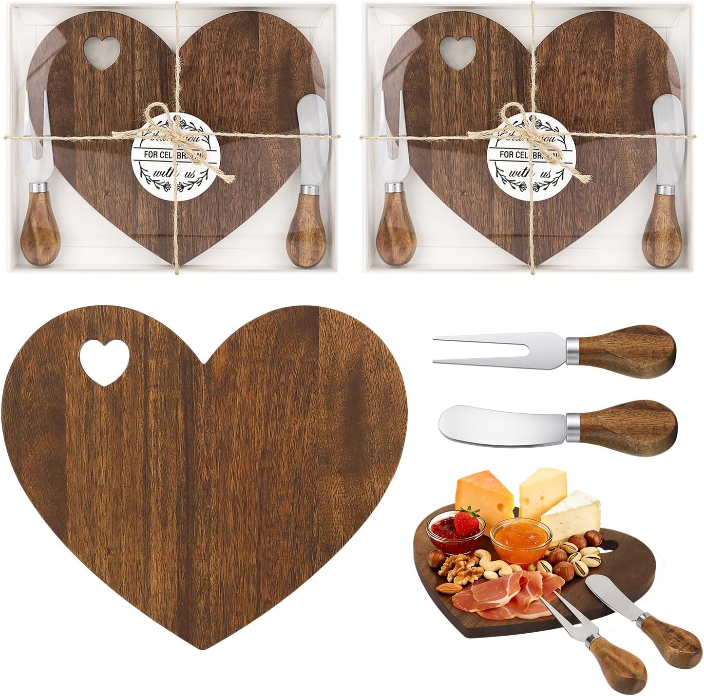 4 Set Bridal Baby Shower Favor, Heart Shape Charcuterie Board, Small Cheese Board with Knife and Fork, Small Bamboo Heart Cutting Board for Guest Bridal Baby Shower Prize Wedding Birthday Valentines