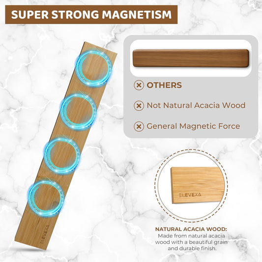 ELEVEXA Magnetic Knife Holder 16 Inch| Organic Acacia Wood Magnetic Knife Strip with Lesser Scratch Visibility|Magnetic Knife Holder w/Strong Magnetism Comes w/Adhesive Tape & Screw Mount (Simple)