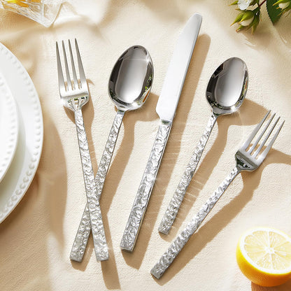 KINGSTONE 24 Pcs Black Hammered Silverware Set with Steak Knives for 4, 18/10 Stainless Steel Heavy Duty Flatware Set, Tableware Cutlery Utensil Sets for Home Restaurant Dishwasher Safe