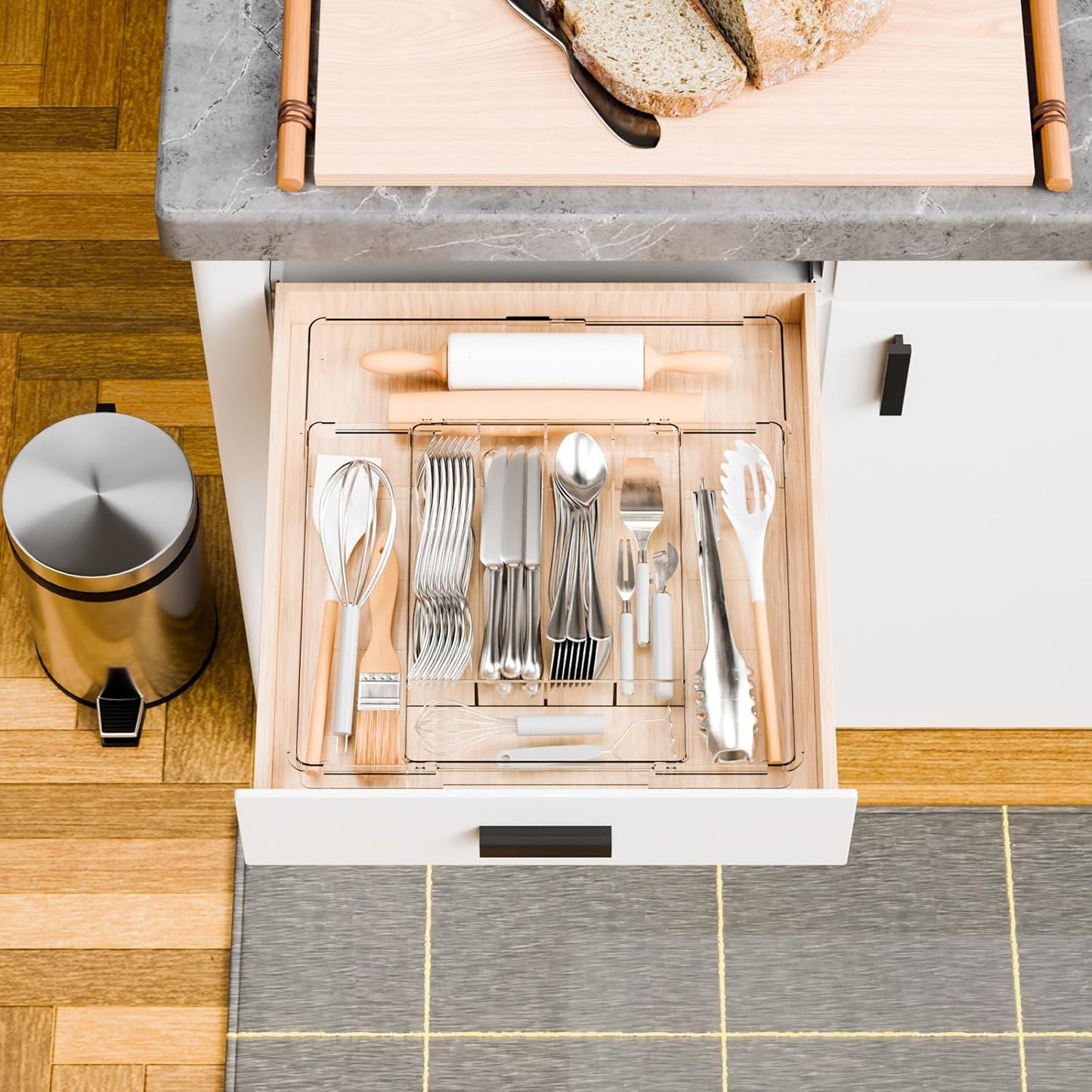 Yieach Clear Large Expandable Silverware Organizer and Kitchen Utensil Drawer Organizer,Plastic Adjustable Silverware Tray for Drawer Cutlery,Spatula,Tools,Flatware Organizers,Fork and Spoon Holder