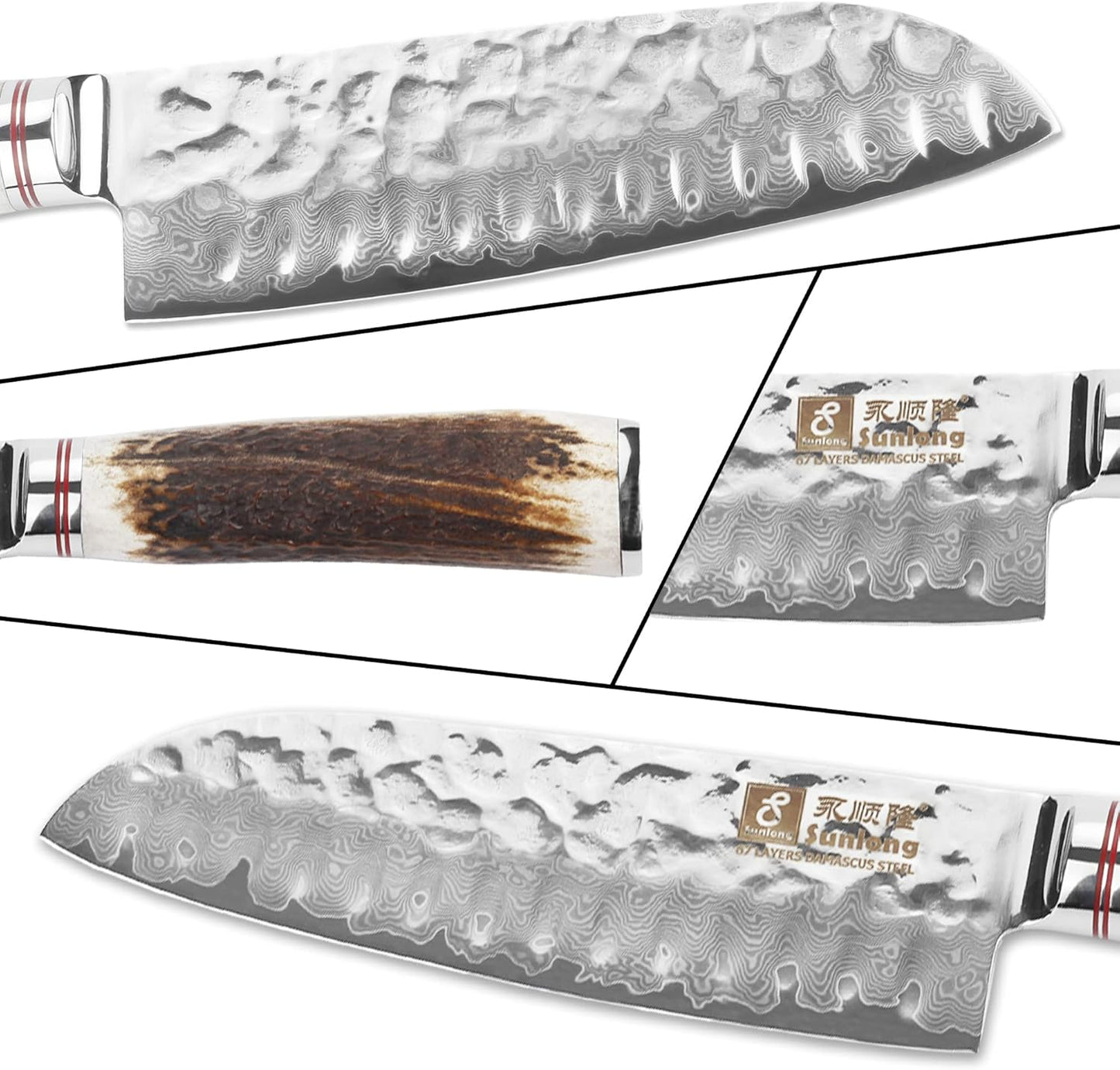 SUNLONG Usuba & Nakiri Knife 6.5 inch Fruit and Vegetable Knife Japanese Hammered Damascus Steel Super sharp - Natural Deer Horn Handle
