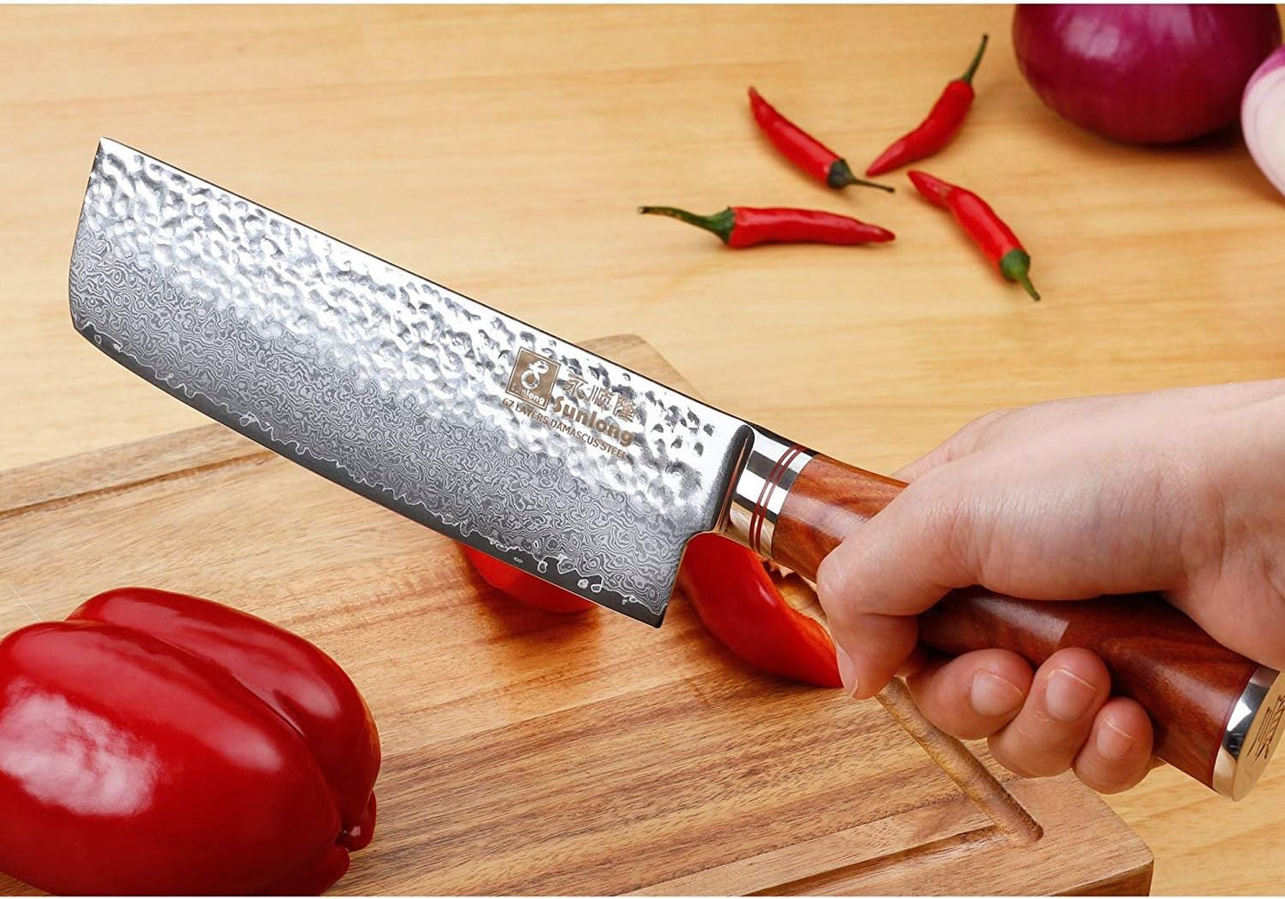 SUNLONG Nakiri Knife Usuba Knife 6.5 Inch Japanese Hammered Damascus Steel 67 Layer Bloodwood Handle