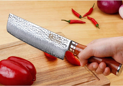 SUNLONG Nakiri Knife Usuba Knife 6.5 Inch Japanese Hammered Damascus Steel 67 Layer Bloodwood Handle