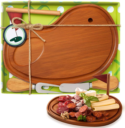 Ziliny Golf Cheese Board Gift Set Party Favor Prizes Charcuterie Wood Board with Knives and Box Father Day Gift for Dad Grandpa Party Tournament Game(Carbonized Bamboo Wood, Golf)