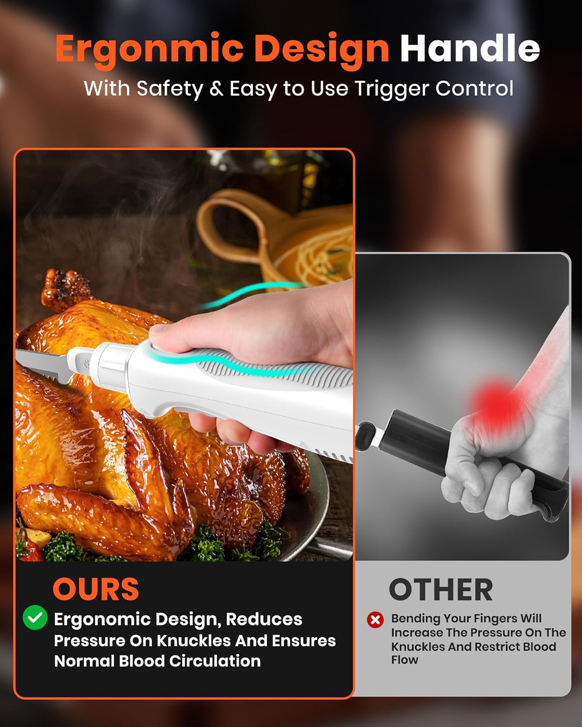 LAUDLIFE Electric Knife, Cordless Cutting Knife, Ergonomic Design with Comfortable Contoured Grip Rechargeable Easy-Slice Electric Carving Blade for Meat Slicing, Bread, Fillet, Turkey, Black