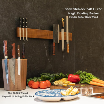 360KnifeBlock magnetic knife BAR - Guitar Wood - 2 Rows of Magnets, 'magic floating backer' w/level system, 2"screws - handmade in Washington (Guitar wood, 18" wide)