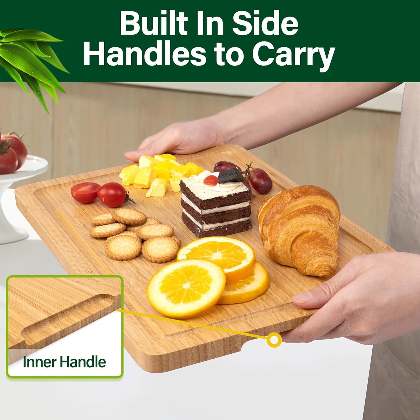 WILLKOMMEN 4-Piece Bamboo Cutting Boards for Kitchen, Chopping Board Set with Food Icon (Meat, Fish, Vegetables, Fruits) Butcher Block with Stands, Handles & Juice Grooves (Small, Medium, Large, XL)