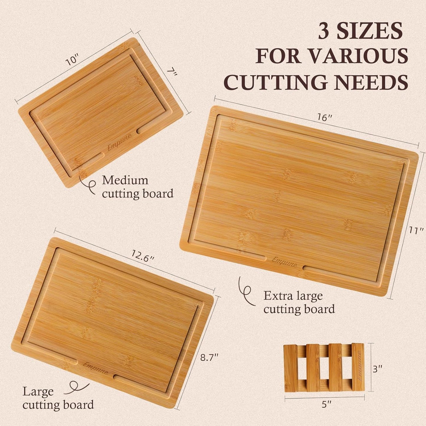 Empune Bamboo Cutting Boards for Kitchen, 3 Piece Extra Thick Cutting Board Set with Juice Groove, Deep Carbonized Bamboo Chopping Board, Reversible Wood Cutting Board for charcuterie boards, Brown