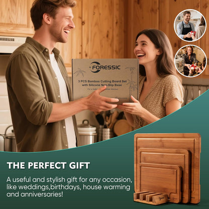 Wood Cutting Board Carbonized Bamboo Set With Smooth Surface Set 4 Packs with Non Slip Feet Holder and Over Sink Solid Thick Durable Wood Charcuterie Cheese Serving Tray Kitchen Gadgets (Carbonized)