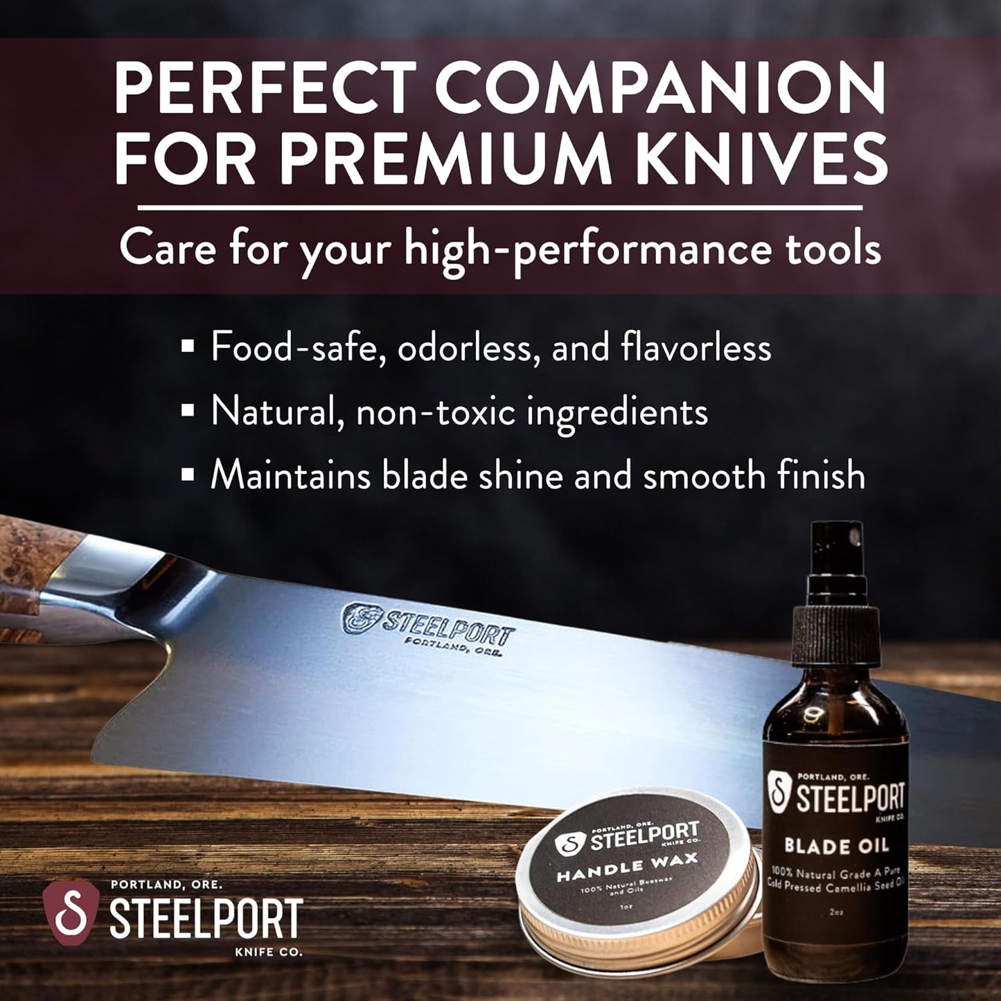 STEELPORT Knife Maintenance Gift Set | 12” Oval Ceramic Honing Rod, Carbon Steel Knife Care Kit (Camellia Oil, Handle Wax) | USA Made Professional Blade Maintaining, Wood Conditioning Oil, Wax Set