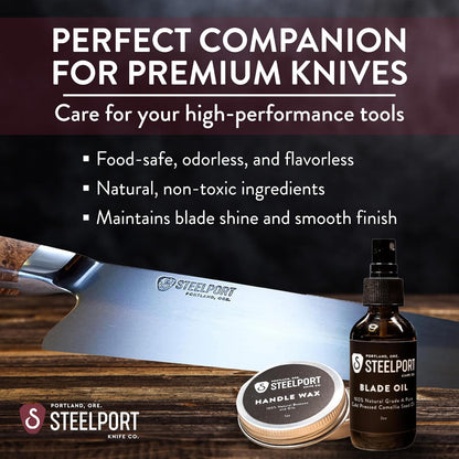 STEELPORT Knife Maintenance Gift Set | 12” Oval Ceramic Honing Rod, Carbon Steel Knife Care Kit (Camellia Oil, Handle Wax) | USA Made Professional Blade Maintaining, Wood Conditioning Oil, Wax Set