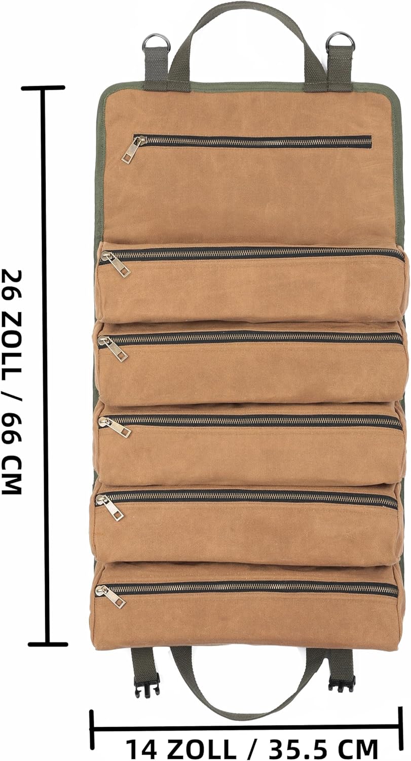 Wrench Tool Roll, Heavy Duty Waxed Canvas Multi-purpose Tool Pouch Bag With 25 Pockets, Easy Storage, Durable (Khaki)