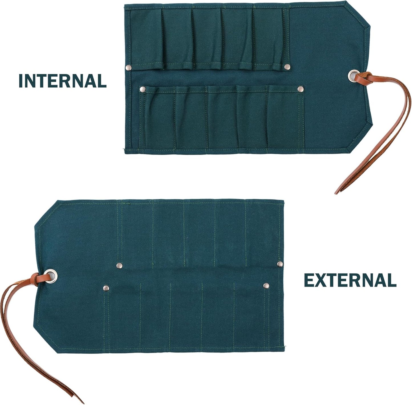 Multi-Function Chisel Roll, Heavy Duty 16oz Waxed Canvas Tool Storage Bag, Sturdy Tool Carrier with 10 Slots for Chisel Wrench Screwdriver | Dark Green