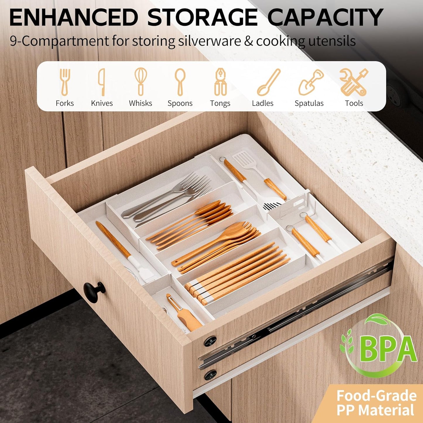 Jolitac Expandable Large Silverware Drawer Organizer - Adjustable Utensil Tray & Cutlery Holder, Plastic Storage for Spoons, Forks, Knives | Multipurpose Kitchen Organizers and Storage Solution, White