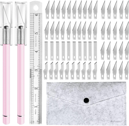 Craft Hobby Knife, Exacto Knife, 2 Knives and 60 Blades with a Bag, Precision Cutter Knife for Cutting Carving Scrapbooking Stencil, Pink