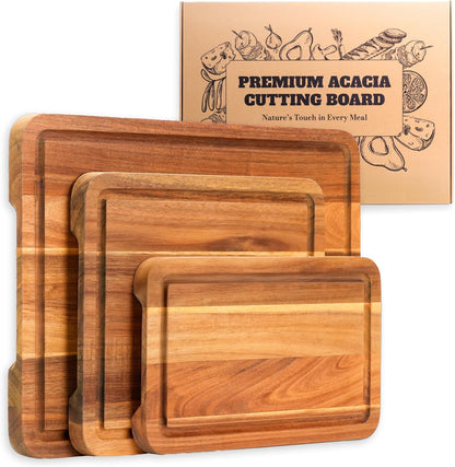 Howizz Acacia Wood Large Cutting Board, Thick End Grain Solid Wood Butcher Block For Kitchen, Non Toxic Pre-Oiled Carving Tray w/Juice Grooves and Easy Grip Handle, 20"x15"x1" (Gift-Ready Box)