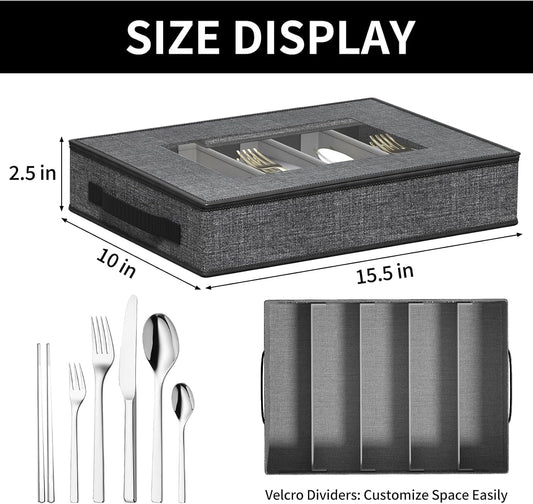 Aokeyee 2-Pack Silverware Storage Box, Sturdy Flatware Organizer with 5 Compartments & Adjustable Dividers, Upgrade Utensil Case with Clear Lid & Handle for Knives, Forks & Spoons, Gray