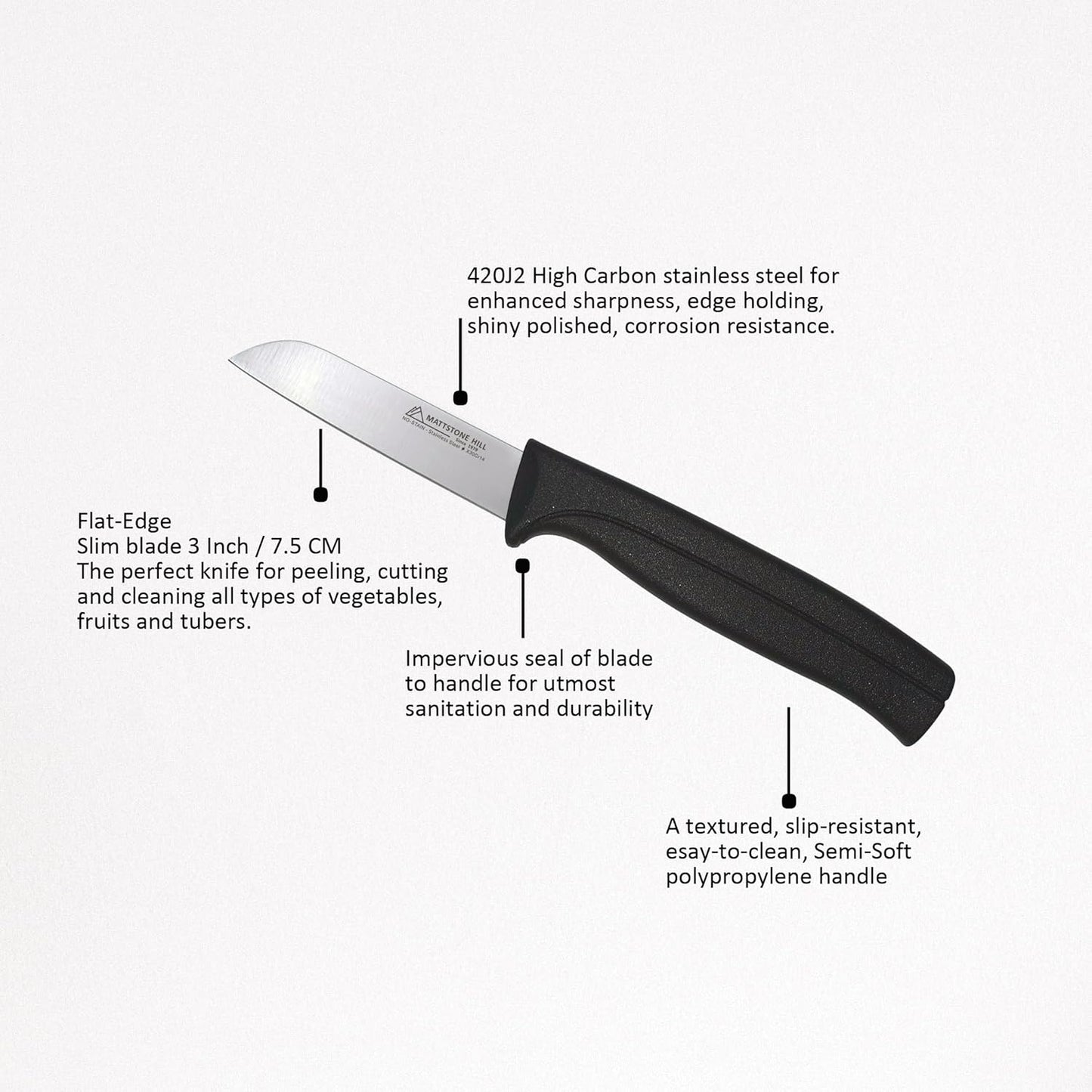Kitchen Utility Knife - MATTSTONE HILL 4 Inch Paring Knife, Small Fruit & Vegetable Knife, Premium German Stell Blade, Black Handle