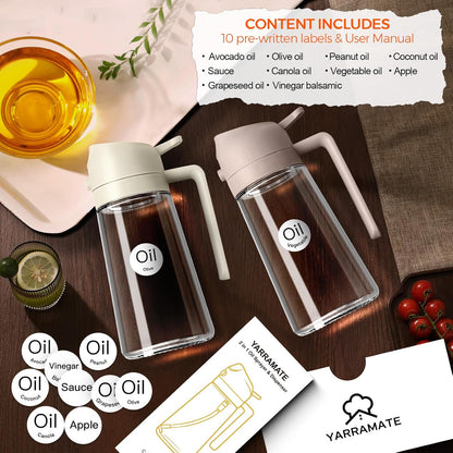 YARRAMATE 16oz/470ml Glass Olive Oil Sprayer for Cooking with Stickers, 2 in 1 Oil Dispenser for Kitchen Gadgets, Food Grade Premium Spray Bottle for Salad, Frying, BBQ (Creamy White)