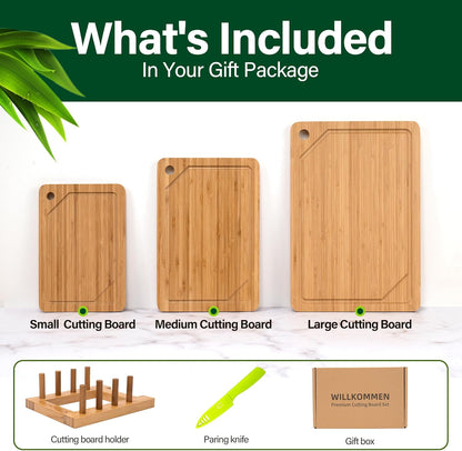 WILLKOMMEN 4-Piece Bamboo Cutting Boards for Kitchen, Chopping Board Set with Food Icon (Meat, Fish, Vegetables, Fruits) Butcher Block with Stands, Handles & Juice Grooves (Small, Medium, Large, XL)
