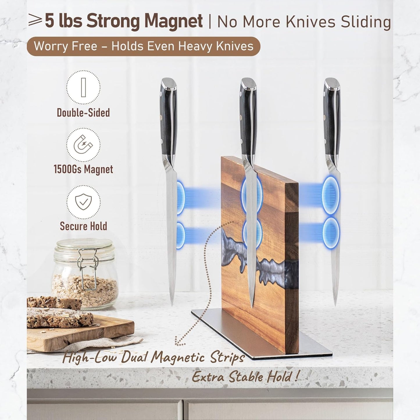 Magnetic Knife Holder Block for Countertop, No Drill Acacia Wood Stand with Epoxy Resin Art & Strong Magnets - Fits Chef Knives & Scissors & Bar Tools (No Knives Included)