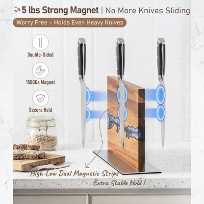 Magnetic Knife Holder Block for Countertop, No Drill Acacia Wood Stand with Epoxy Resin Art & Strong Magnets - Fits Chef Knives & Scissors & Bar Tools (No Knives Included)