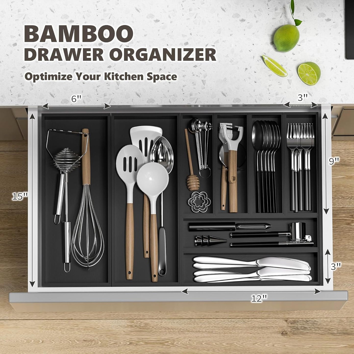 Kitchen Drawer Organizer Bins, Stackable Bamboo Deep Drawer Organizer for Silverware, Utensils, Cutlery, Flatware, Junk Drawer, Dresser, Bathroom, 12" x 3" x 2.5" (Set of 2)