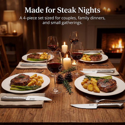 Steak Knives Set of 4, 5-Inch Serrated Stainless Steel Steak Knife Set with Wide Stainless Handle, Gift-Ready Box for Steak Night, BBQ, Housewarming & Wedding