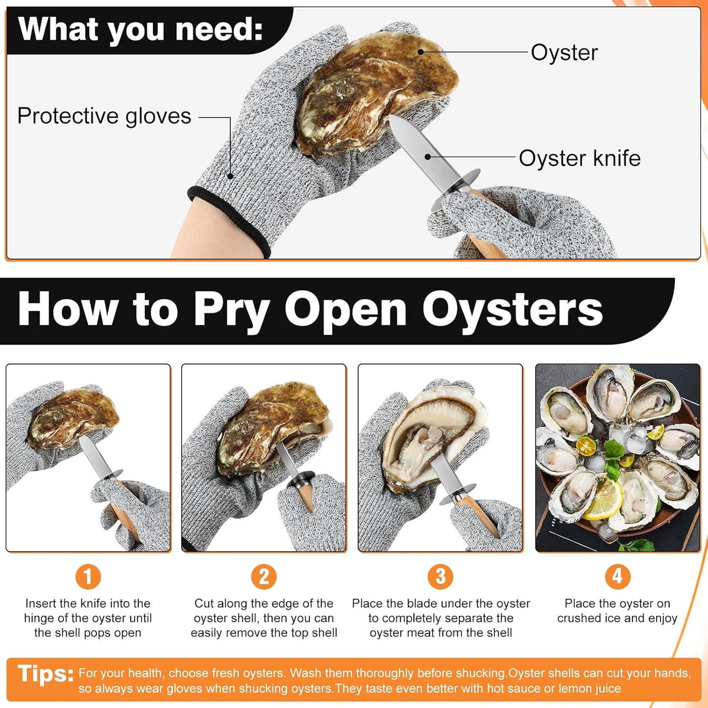 Oyster Shucking Knife Set, 2 Pack Stainless Steel Oyster Shucker Knife and 2 Pairs Level 5 Cut-Resistant Gloves, Seafood Shell Opener Kit for Oysters, Clams, Crabs,Seafood Boil Party Supplies