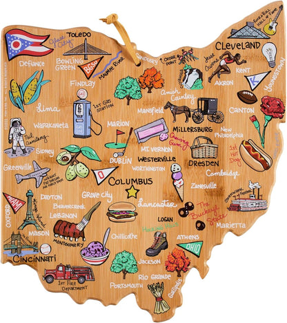 Totally Bamboo Tennessee State Shaped Cutting Board and Charcuterie Serving Platter with Artwork by Fish Kiss, Includes Hang Tie for Wall Display - Colors A